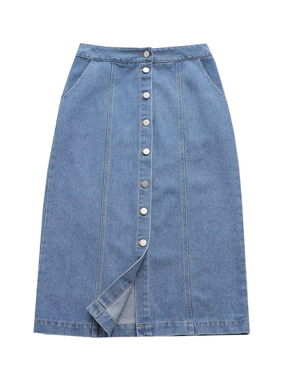 Blogger Single Breasted Denim Skirt Women's Spring High Waist Slimming Midi Skirt