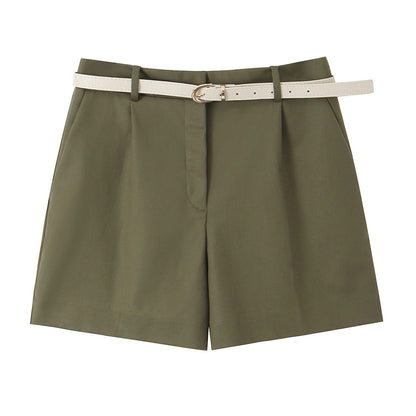 Women Clothing Summer Office Casual With Belt Pleated Wide Leg Shorts