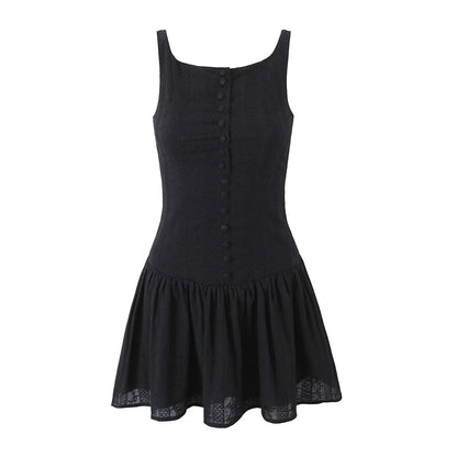 French Lace Embroidered Dress Women Summer Pure Sexy Tight Waist Backless Sleeveless A Line Dress