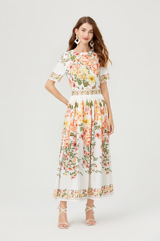 Vestido elegante de línea A de manga corta floral de verano para mujer