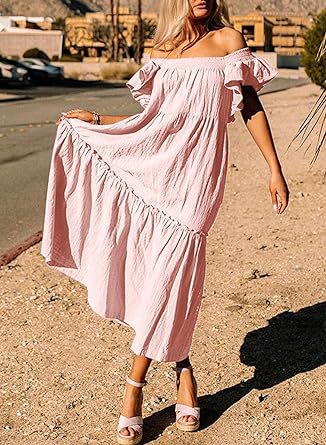 Women Clothing Flying Sleeve Square Collar Off Shoulder Pleated Hem Dress