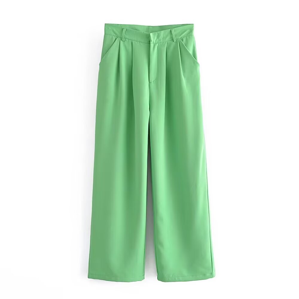 Pantalones de trabajo de pierna ancha con pliegues y cintura alta de color verde de verano para mujer