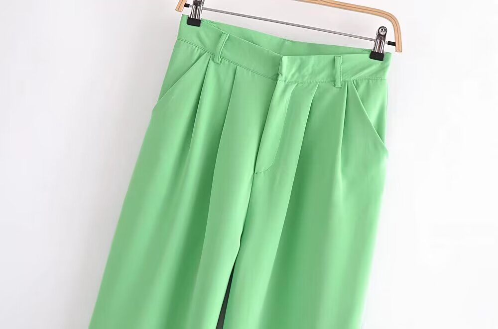 Pantalones de trabajo de pierna ancha con pliegues y cintura alta de color verde de verano para mujer