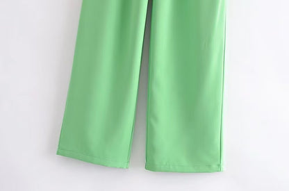 Pantalones de trabajo de pierna ancha con pliegues y cintura alta de color verde de verano para mujer