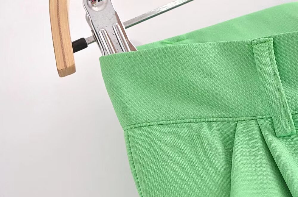 Pantalones de trabajo de pierna ancha con pliegues y cintura alta de color verde de verano para mujer