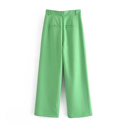 Pantalones de trabajo de pierna ancha con pliegues y cintura alta de color verde de verano para mujer