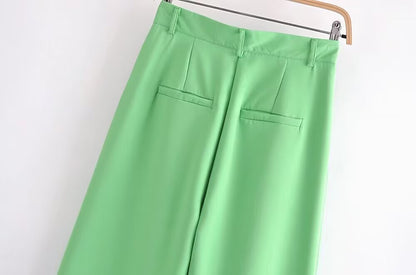 Pantalones de trabajo de pierna ancha con pliegues y cintura alta de color verde de verano para mujer