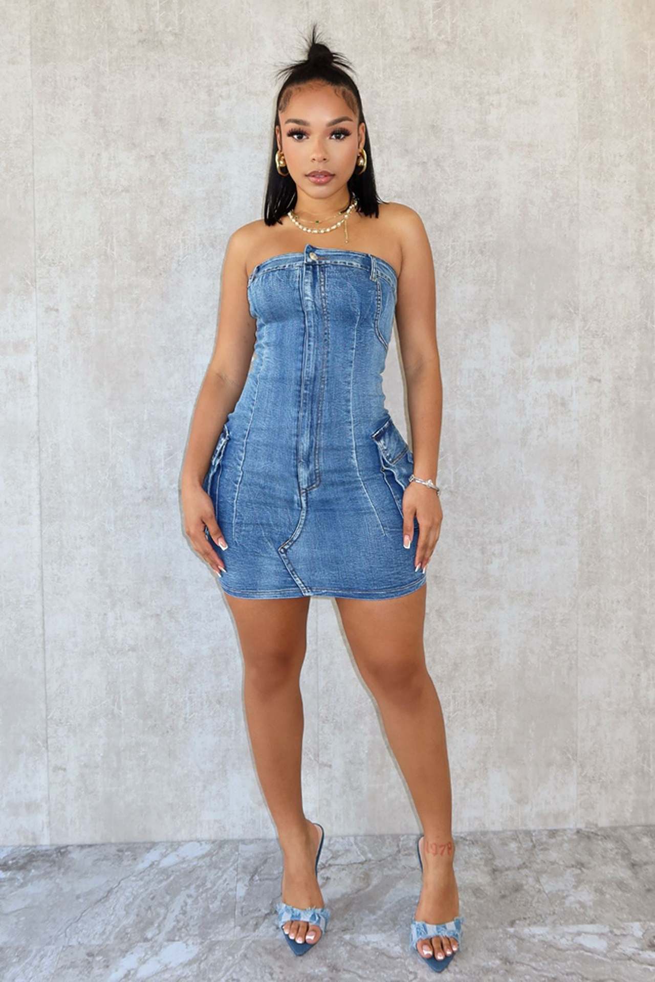 Verano Primavera Verano Sexy Tube Top Lavado Botón Stretch Denim Vestido