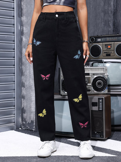 Pantalones vaqueros elásticos de pierna recta para mujer, con estampado de mariposas, informales, adelgazantes, color negro, para primavera y verano