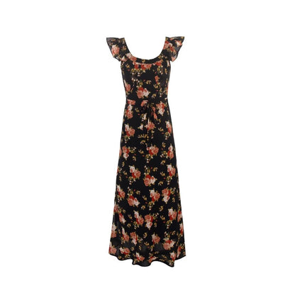 Black Flying Sleeve Slim Fit Floral Women Summer Vacation Dress