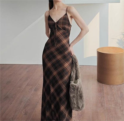 Summer Retro Plaid Sexy Socialite Slim Strap Dress Women