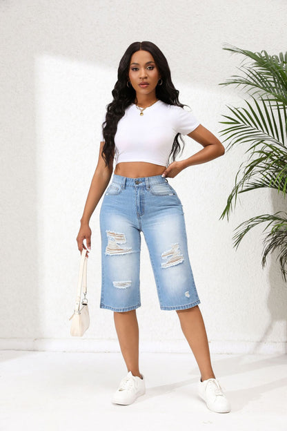 Women Clothing High Quality Elastic Hole Denim Summer