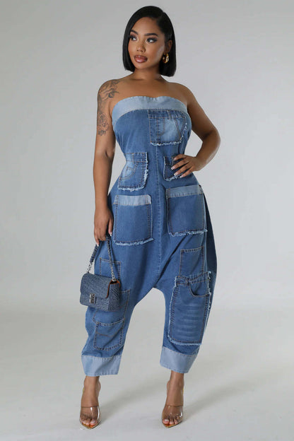 Denim Cargo Pants Multi Pocket Stitching Washed Loose Sleeveless Jumpsuit