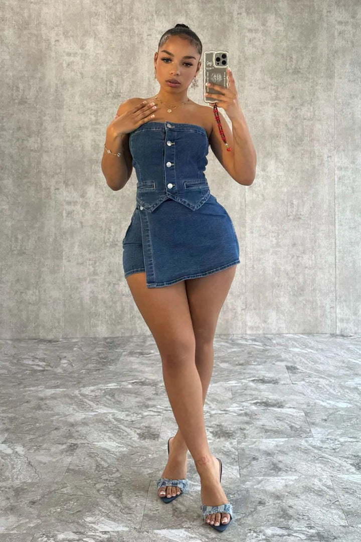 Denim Tube Top Shorts Stretch Tube Top Apron Shorts Set