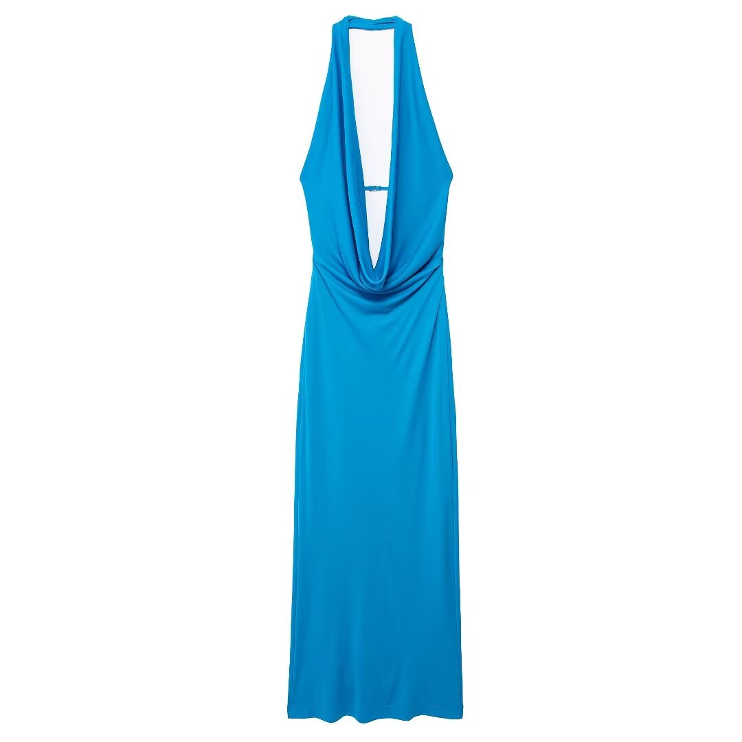 Ropa de verano para mujer, vestido elegante con cuello colgante plisado ligeramente maduro