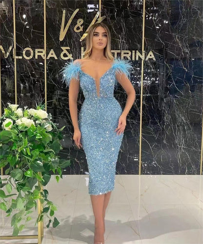 Été Sexy bleu plume profonde V plongeant paillettes sans manches discothèque robe de soirée robe de soirée femmes vêtements