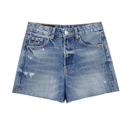 Women Clothing Summer Two Color Comfortable High Waist Slimming Hand Frayed Denim Shorts Pants