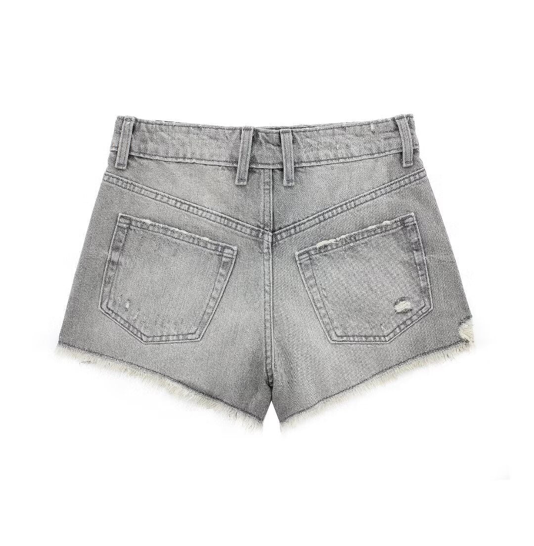 Women Clothing French Perforated Hole Decoration High Waist Casual Denim Shorts