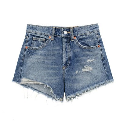 Women Clothing French Perforated Hole Decoration High Waist Casual Denim Shorts