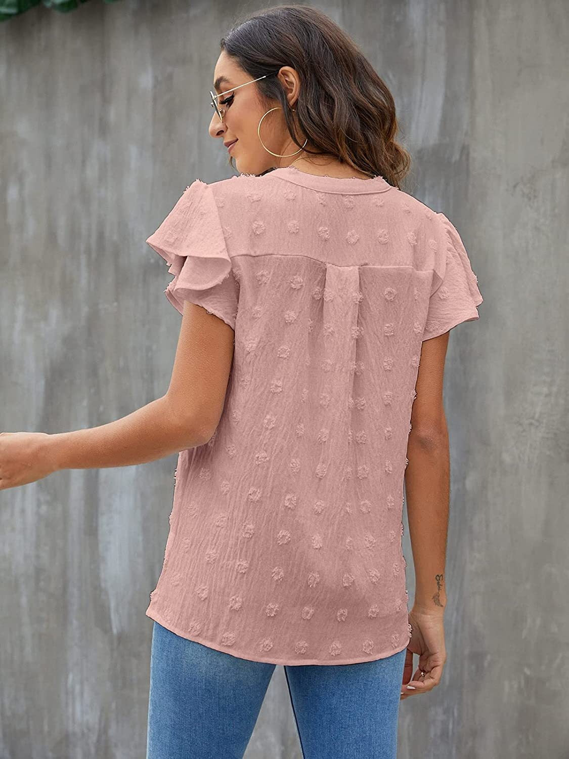 Swiss Dot Notched Flutter Sleeve Blouse