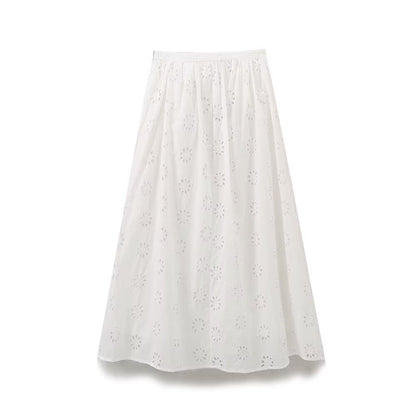 Women Clothing Hollowed out Embroidered High Waist Casual Skirt