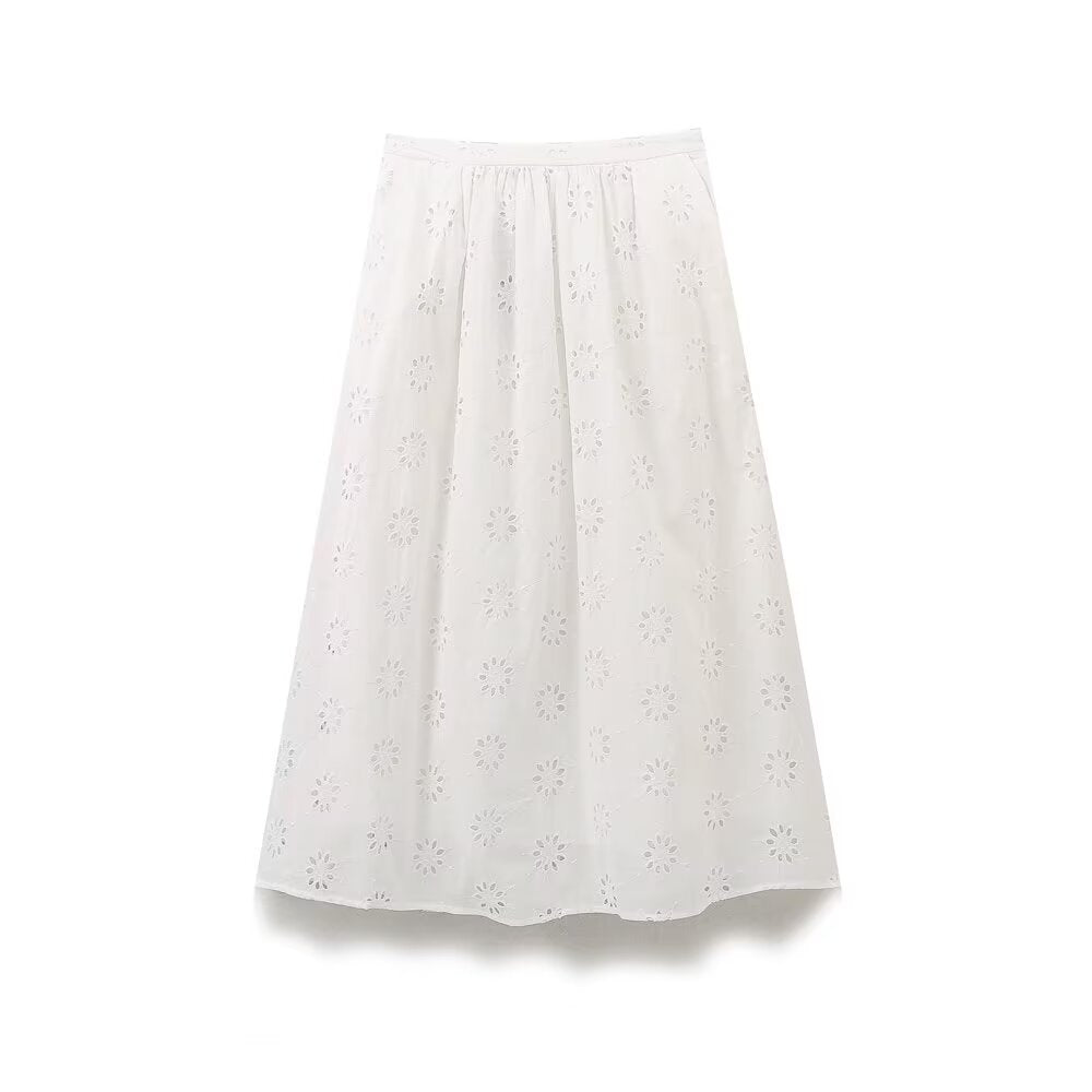 Women Clothing Hollowed out Embroidered High Waist Casual Skirt