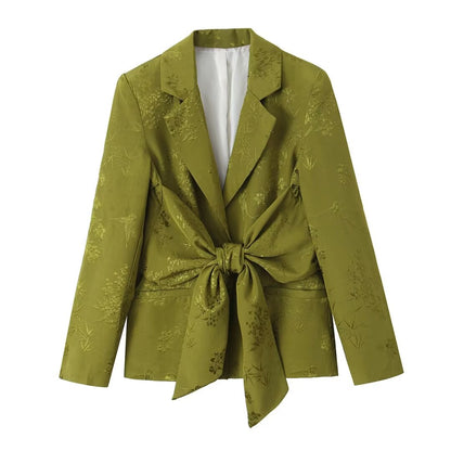 Women Jacquard Straight Leg Pants Bowknot Decoration Jacquard Blazer Set