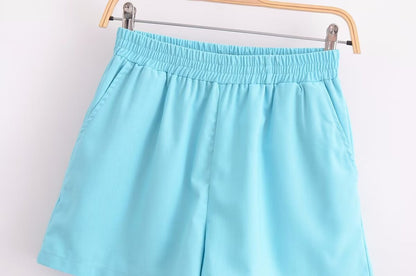 Ropa de verano para mujer Conjunto de pantalones cortos de camisa informal sueltos de color sólido