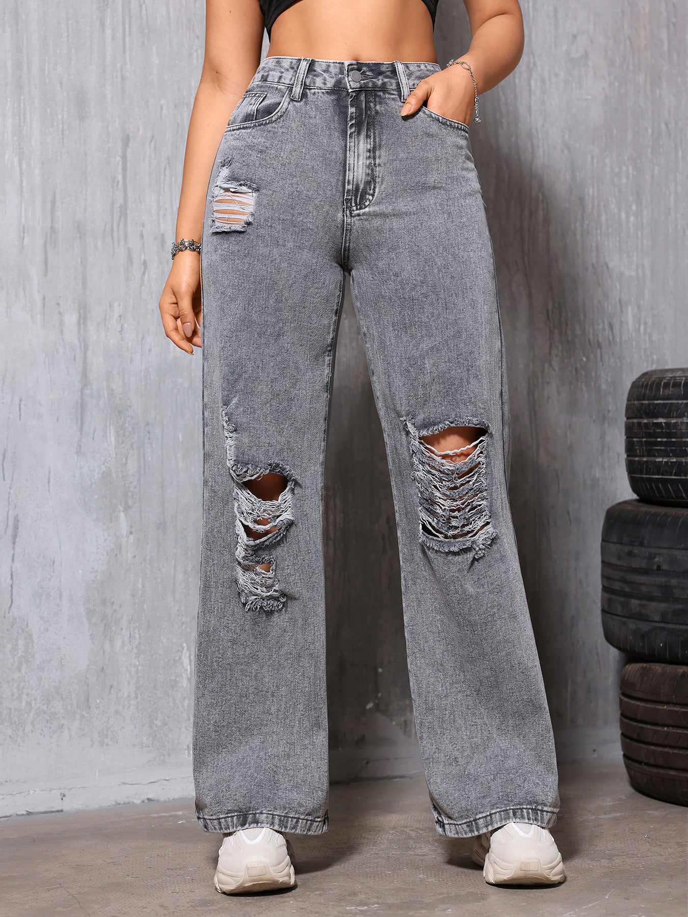 Pantalones de pierna recta para mujer Denim con agujero lavado desgastado calle adelgazamiento Casual años primavera verano