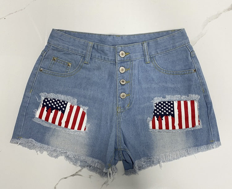 Short en jean imprimé à boutonnage pour femme, pantalon à pompon déchiré