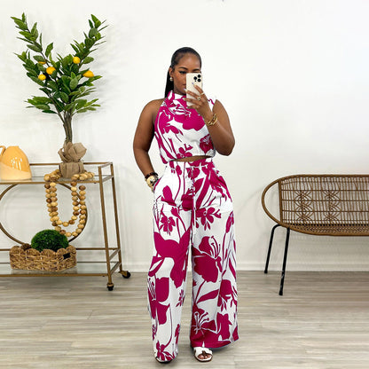 Women Wear Sleeveless Pocket Printed Pants Set