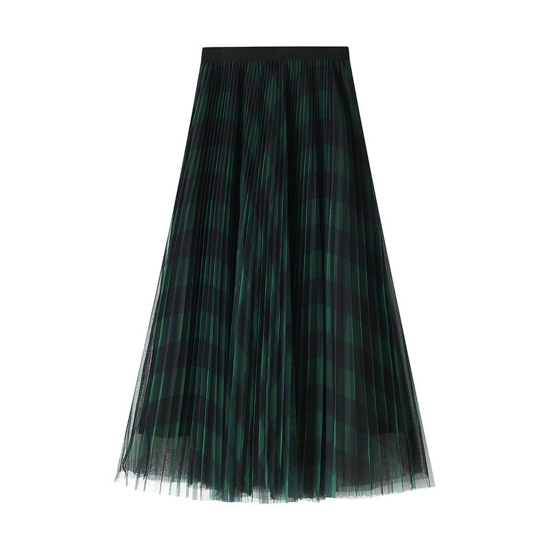 Colorful Plaid Mesh Skirt Pleated Skirt Mid Length Gauze Skirt