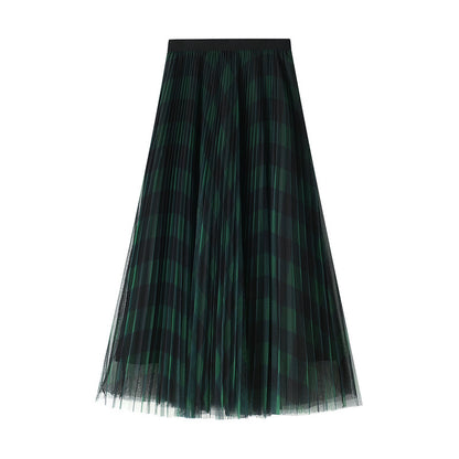 Colorful Plaid Mesh Skirt Pleated Skirt Mid Length Gauze Skirt