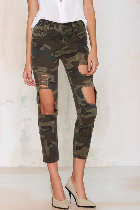 Boyfriend femmes vêtements femmes taille haute vague lâche Camouflage déchiré jean court