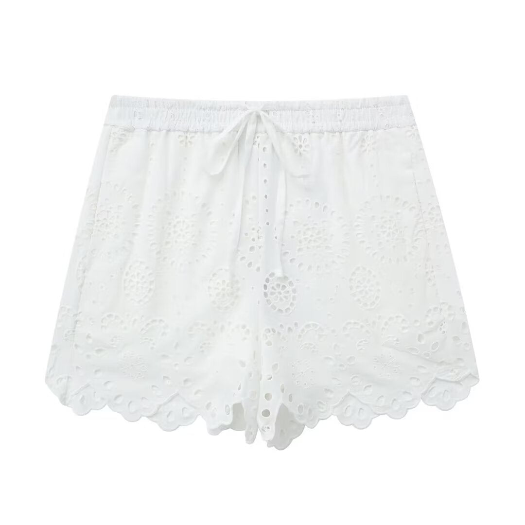 Summer Hollow Out Cutout Embroidered Shirt Elastic Waist Shorts