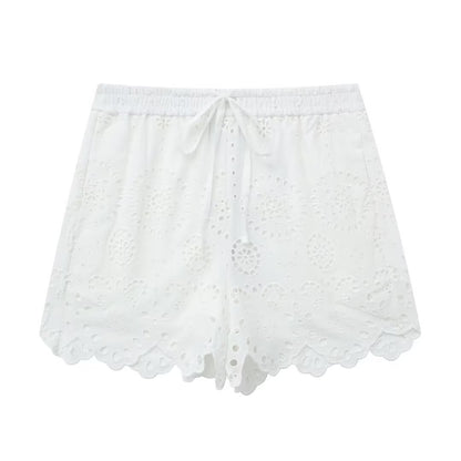 Summer Hollow Out Cutout Embroidered Shirt Elastic Waist Shorts