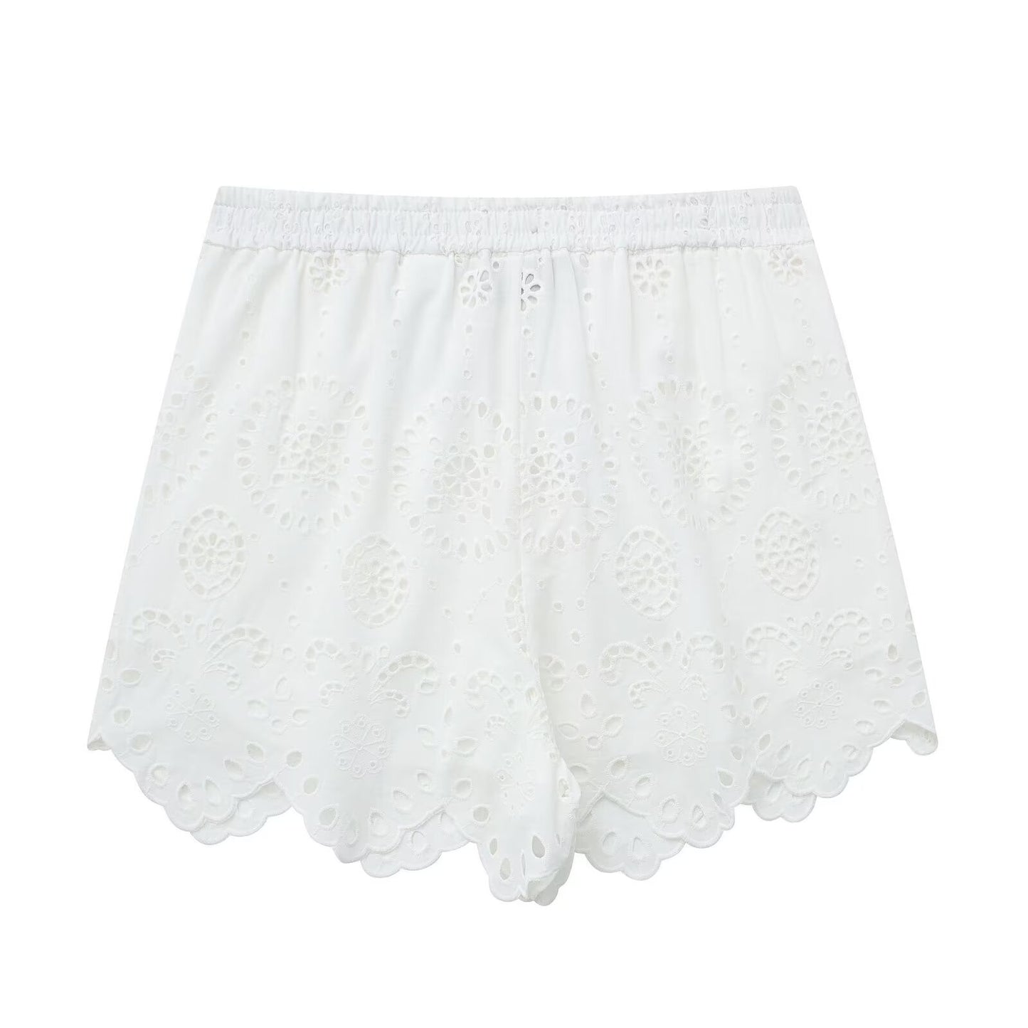 Summer Hollow Out Cutout Embroidered Shirt Elastic Waist Shorts