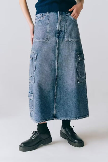 Robe d'été en jean mi-longue avec poche décorative et taille haute pour femme