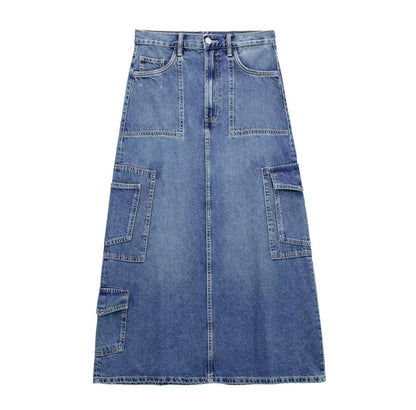 Robe d'été en jean mi-longue avec poche décorative et taille haute pour femme