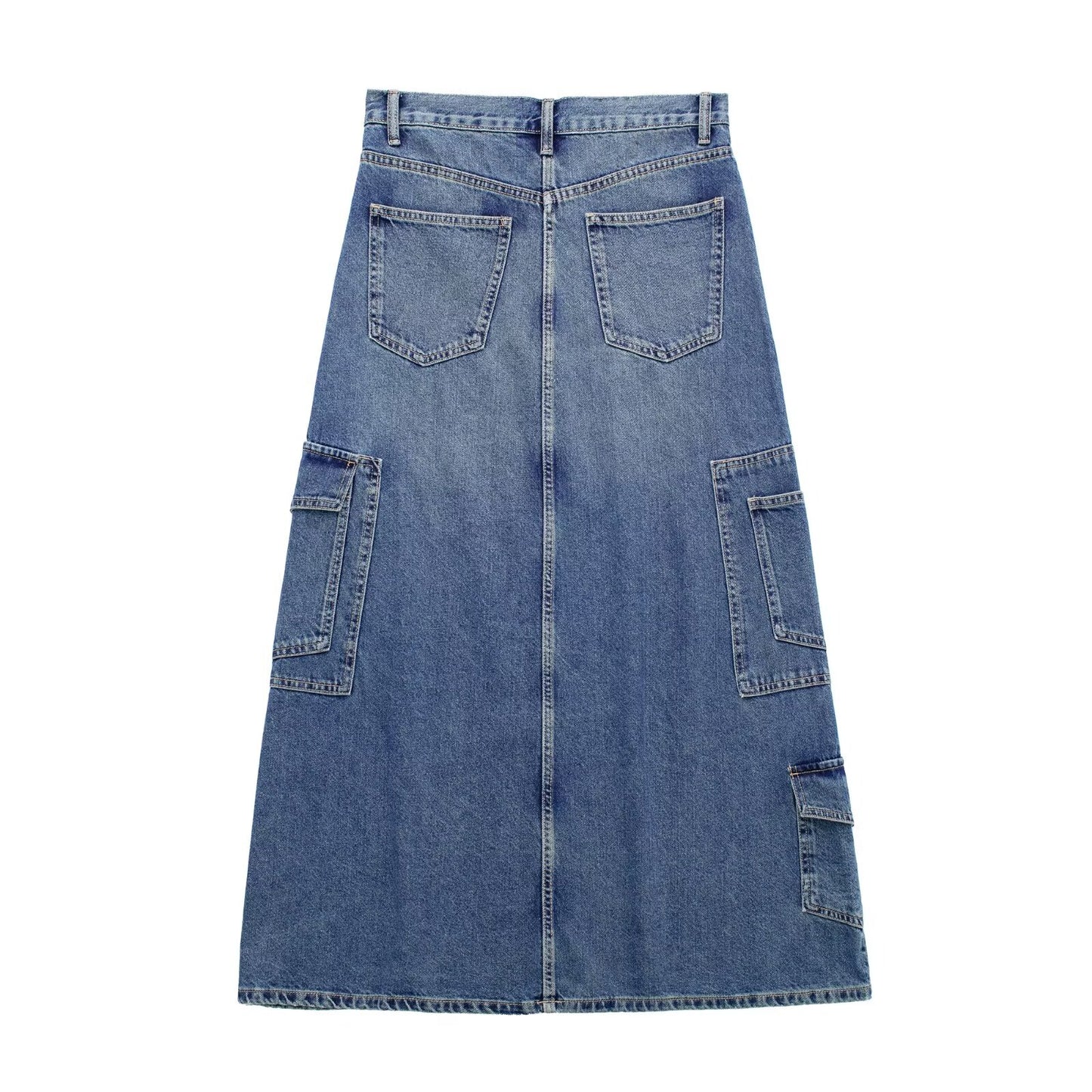 Robe d'été en jean mi-longue avec poche décorative et taille haute pour femme