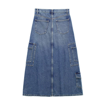 Robe d'été en jean mi-longue avec poche décorative et taille haute pour femme