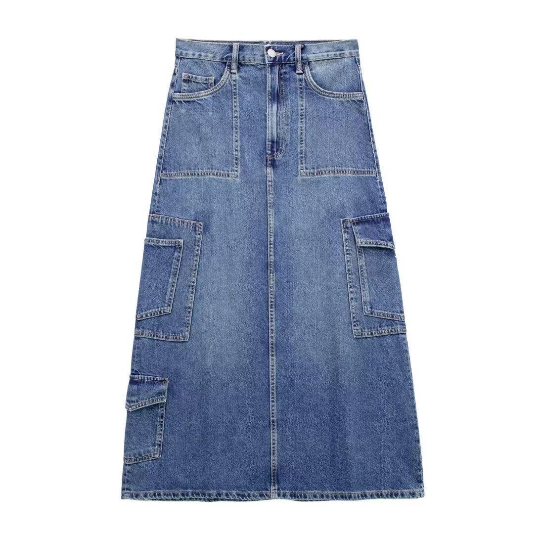 Robe d'été en jean mi-longue avec poche décorative et taille haute pour femme