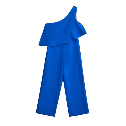 Summer Oblique Shoulder Ruffles Slimming Jumpsuit Casual Pants