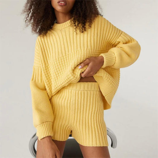 Autumn Winter Women Texture Warm Thickened Sweater Casual Patchwork round Neck Sweater Short Sets