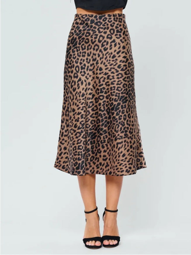 Falda de satén para mujer, de verano, de cintura alta, con cremallera, estilo hipster, con estampado de leopardo