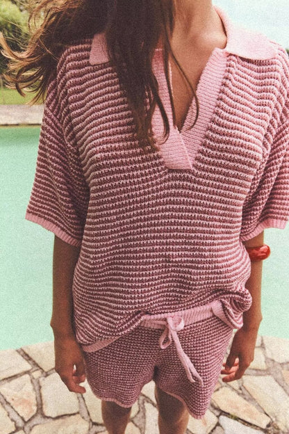 Camisa tipo polo de punto con cuello y pantalones cortos para mujer de verano