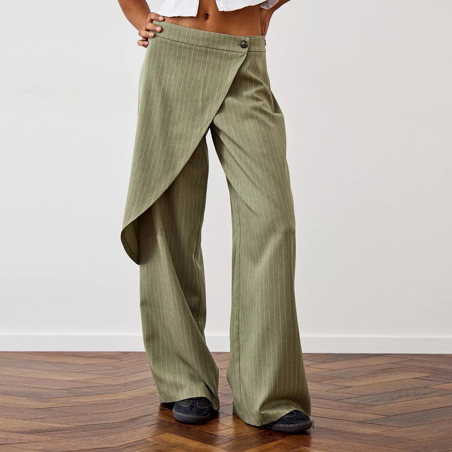 Work Pant Women Solid Color Loose Irregular Asymmetric Casual Striped Wide-Leg Pants Women