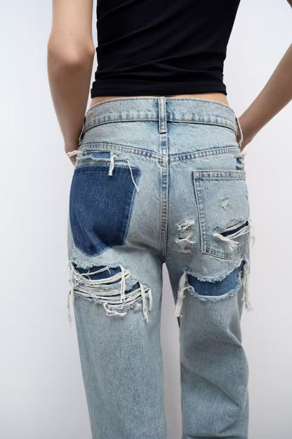 Pantalones vaqueros holgados con decoración de agujeros perforados y cintura alta estilo retro para mujer