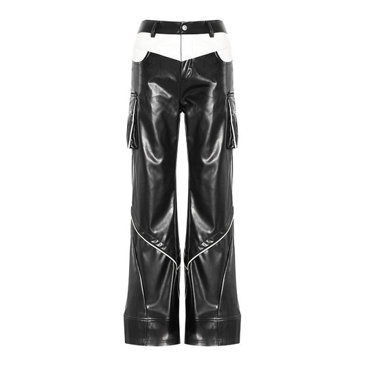 Deconstruction Niche Design Trousers Color Contrast Patchwork Three Dimensional Split Trousers Casual Leather Pants