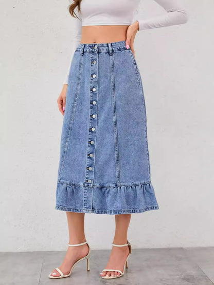 Denim Skirt Women High Waist A line Slimming Cover Fishtail Ruffled Sexy Long Skirt